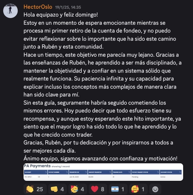 Primer retiro de Héctor: $1.000 de Apex Trader Funding
