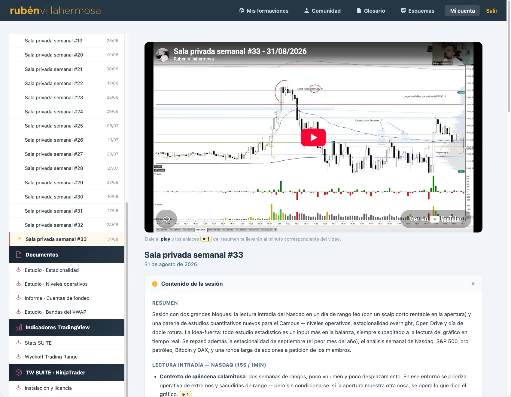 Campus de la Sala Privada — archivo de sesiones semanales, estudios cuantitativos (estacionalidad, niveles operativos, cuentas de fondeo, bandas del VWAP, sesgo del Open Drive), indicadores de TradingView y NinjaTrader